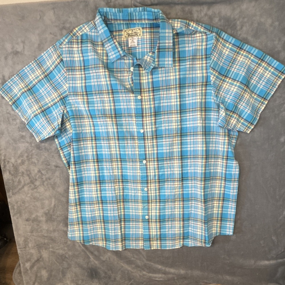 Liberty Blues Men's 3XL Big & Tall Plaid Button-Up Shirt Blue Green Short Sleeve